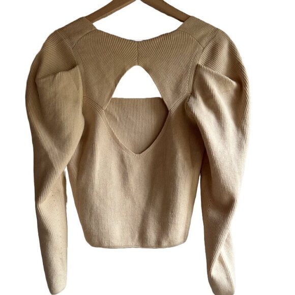 NWT ASTR Ribbed Knit Cut Out Puff Sleeve Pullover Sweater Size Women's10/L Cream - Picture 4 of 8